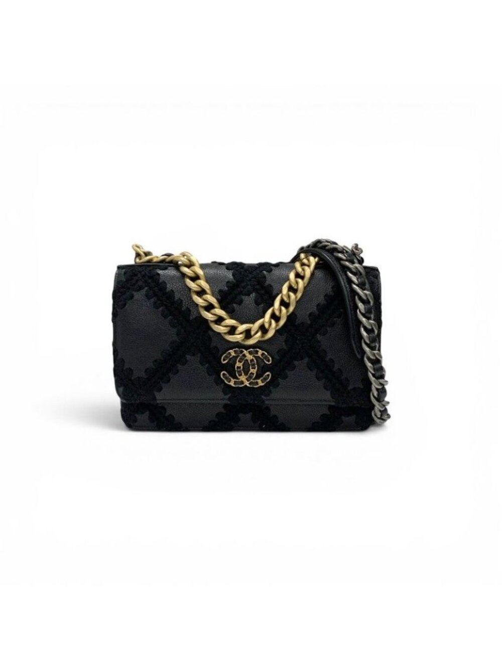 Chanel Shoulder Bag Black Gold Silver 19 CC Logo Crochet Chain Wallet